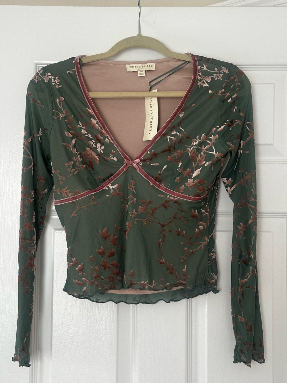 Sage Sheer Floral Dusty Rose Velvet-Accent Long Sleeve Top